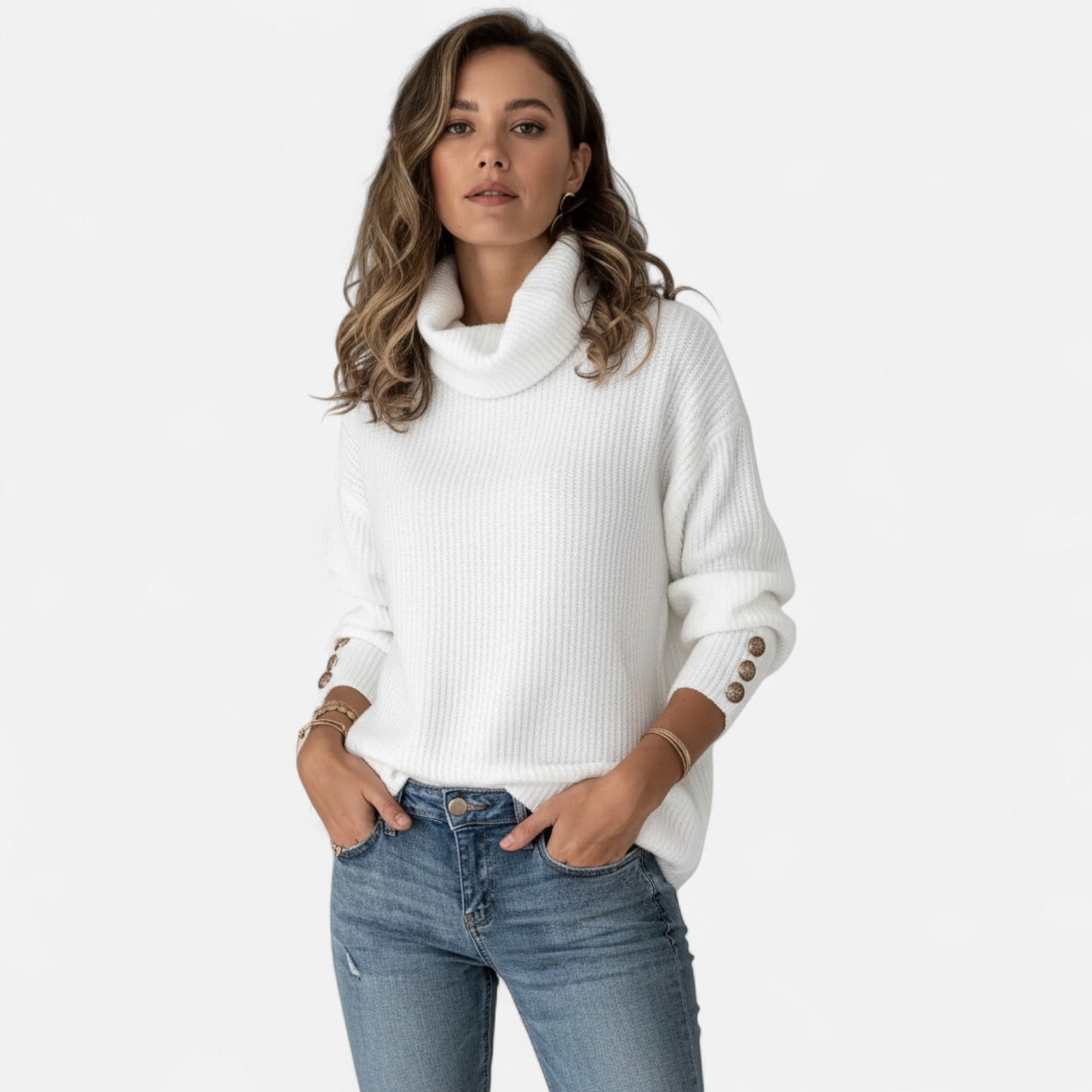 Women’s High-Neck Button Knit Sweater