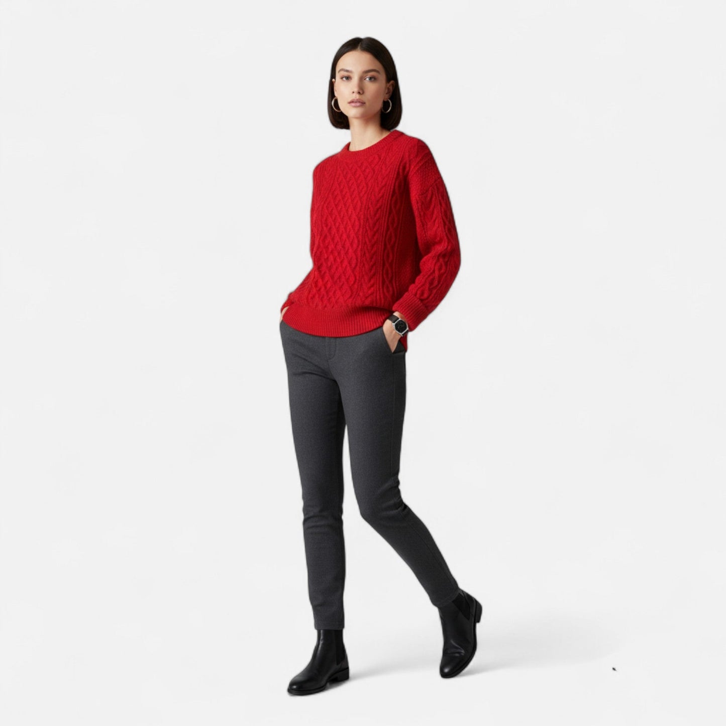 Women’s Wool Sweater – Cable Knit Round Neck Elegance