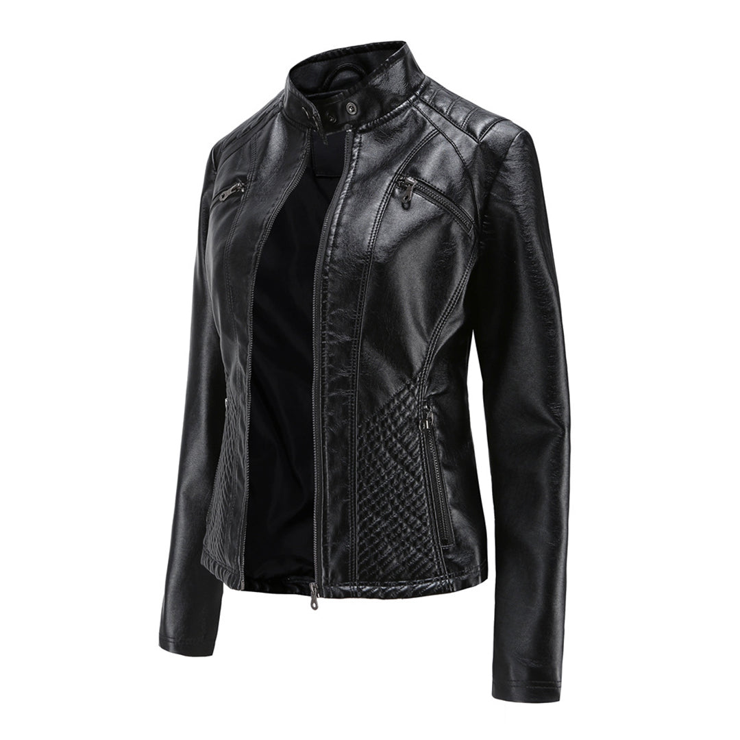 Women's Biker Style Leather Jacket - with Ribbed Details