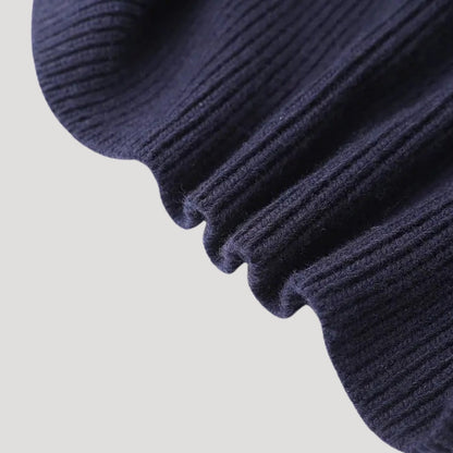 Women’s navy knit cardigan with denim trim