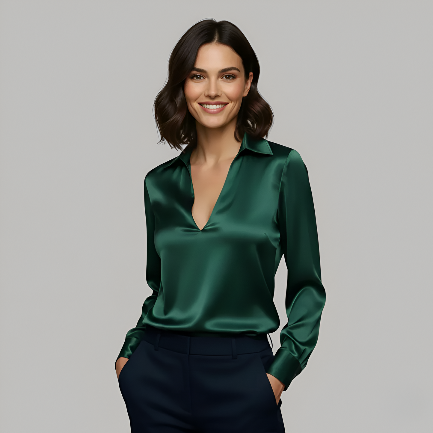 Elegant Women’s Satin Blouse – V-Neck Silky Dressy Top