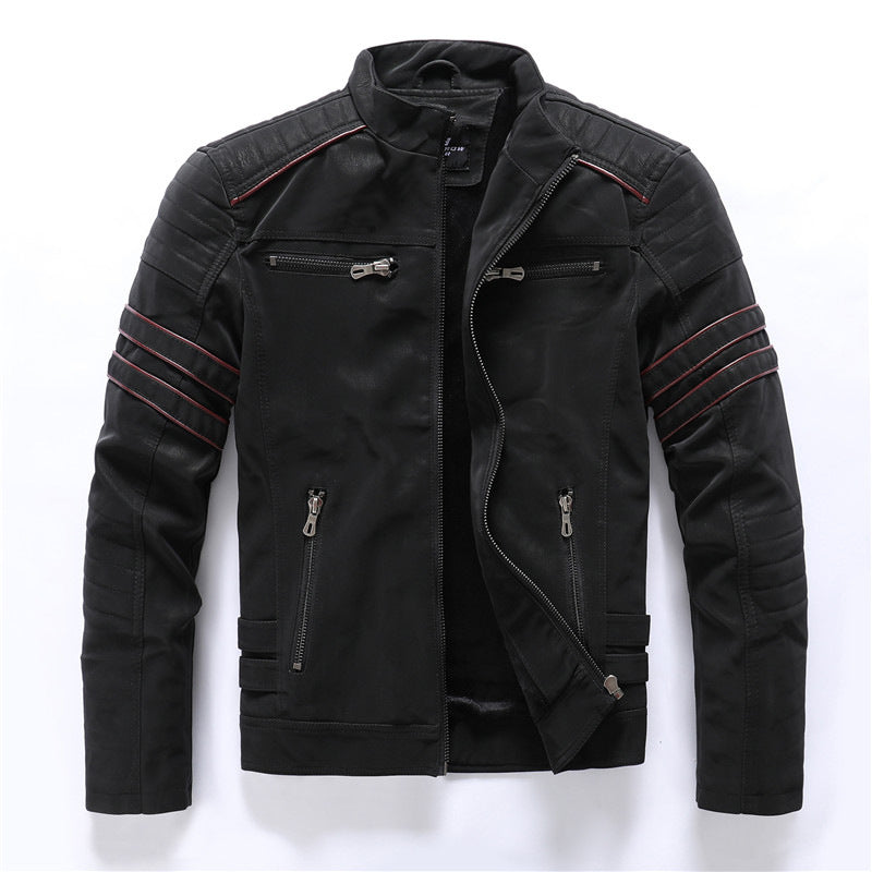 Men's Black Biker Jacket - with Red Stripe Detail