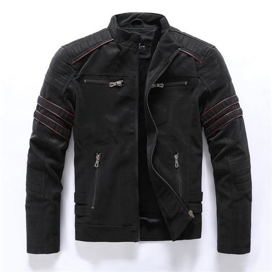 Men's Black Biker Jacket - with Red Stripe Detail