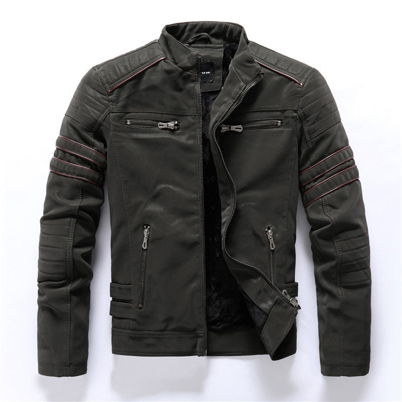 Men's Black Biker Jacket - with Red Stripe Detail