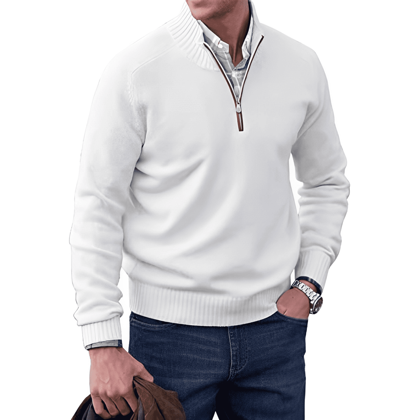 Men's Cotton Jumper with Quarter-Zip - Knitwear