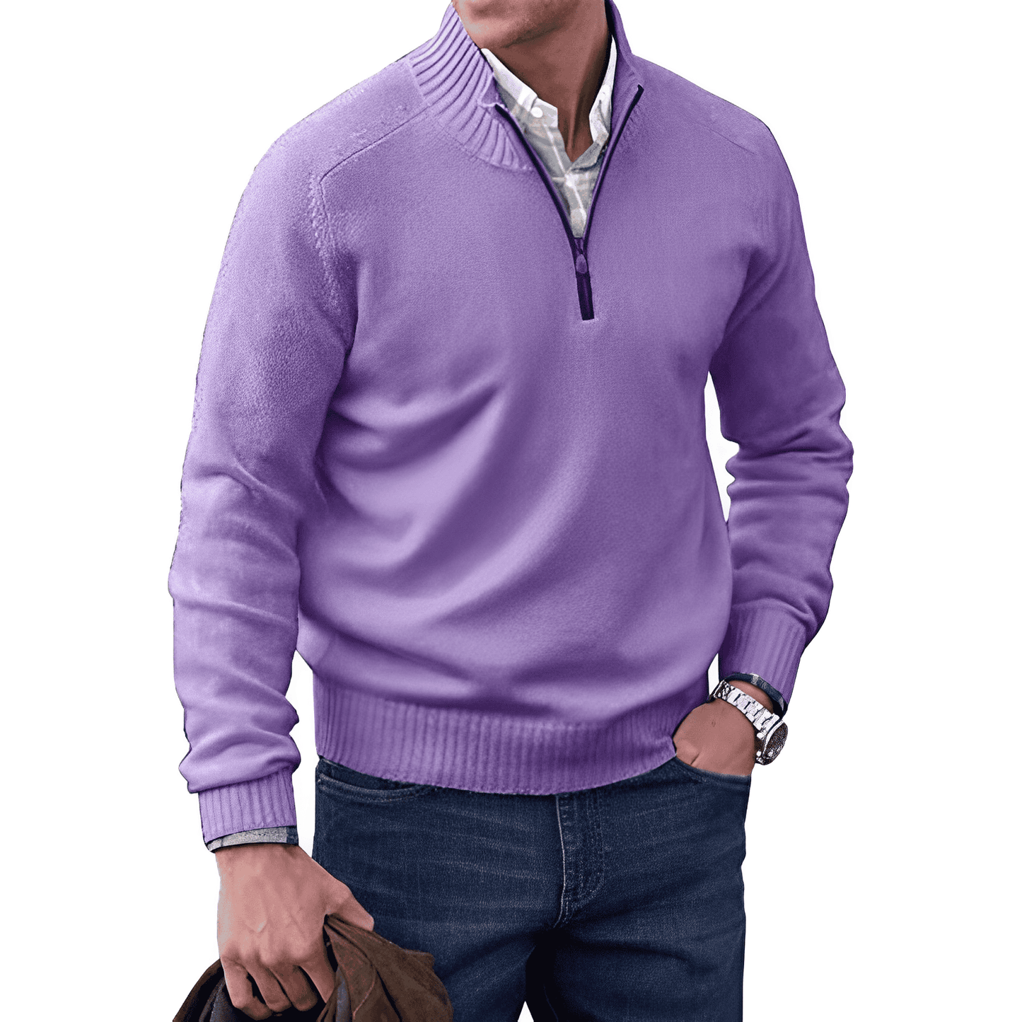 Men's Cotton Jumper with Quarter-Zip - Knitwear