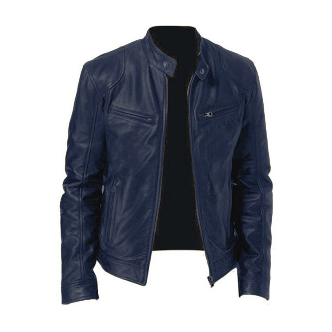 Men's Leather Biker Jacket with Stand-Up Collar