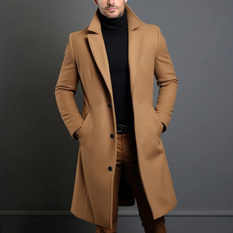 Men's Long Elegant Single-Breasted Wool Coat