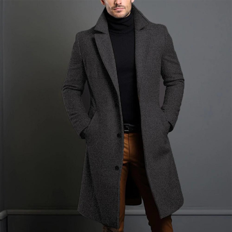 Men's Long Elegant Single-Breasted Wool Coat