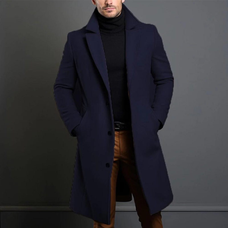 Men's Long Elegant Single-Breasted Wool Coat
