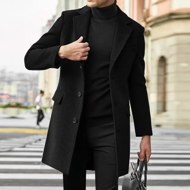 Men's Tailored Overcoat with Notch Lapel – Single-Breasted Design