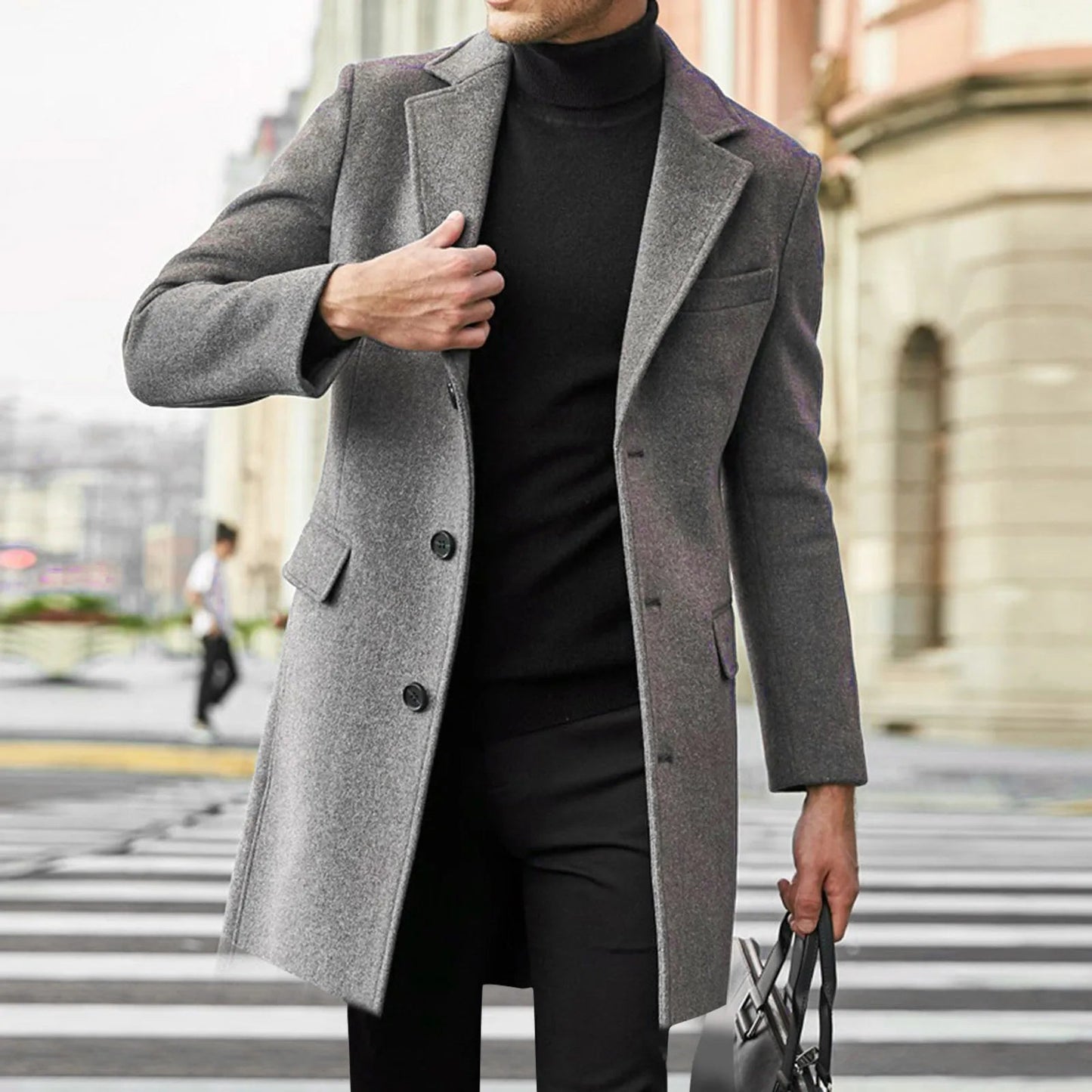 Men's Tailored Overcoat with Notch Lapel – Single-Breasted Design
