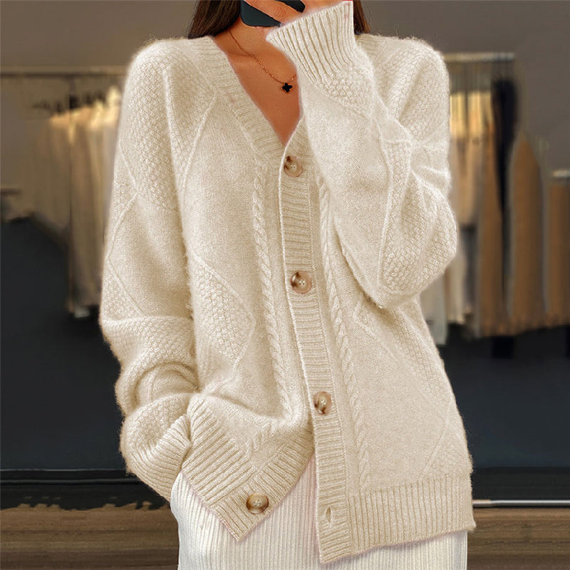 Women's V-Neck Cardigan - Diamond Knit Pattern