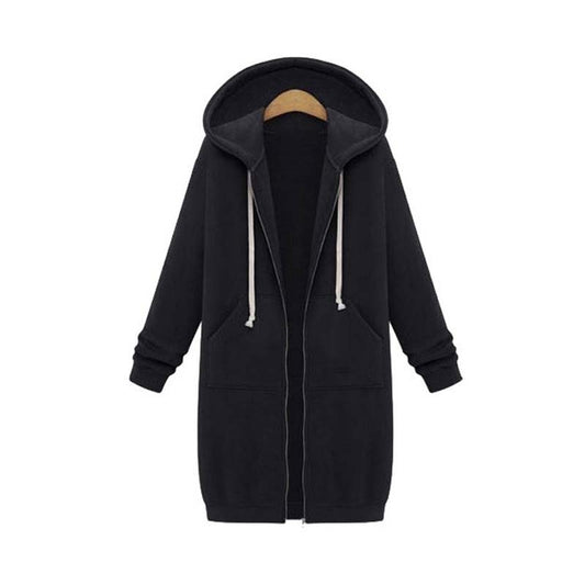 Women's Longline Zip-Up Hoodie Black - Cotton Blend