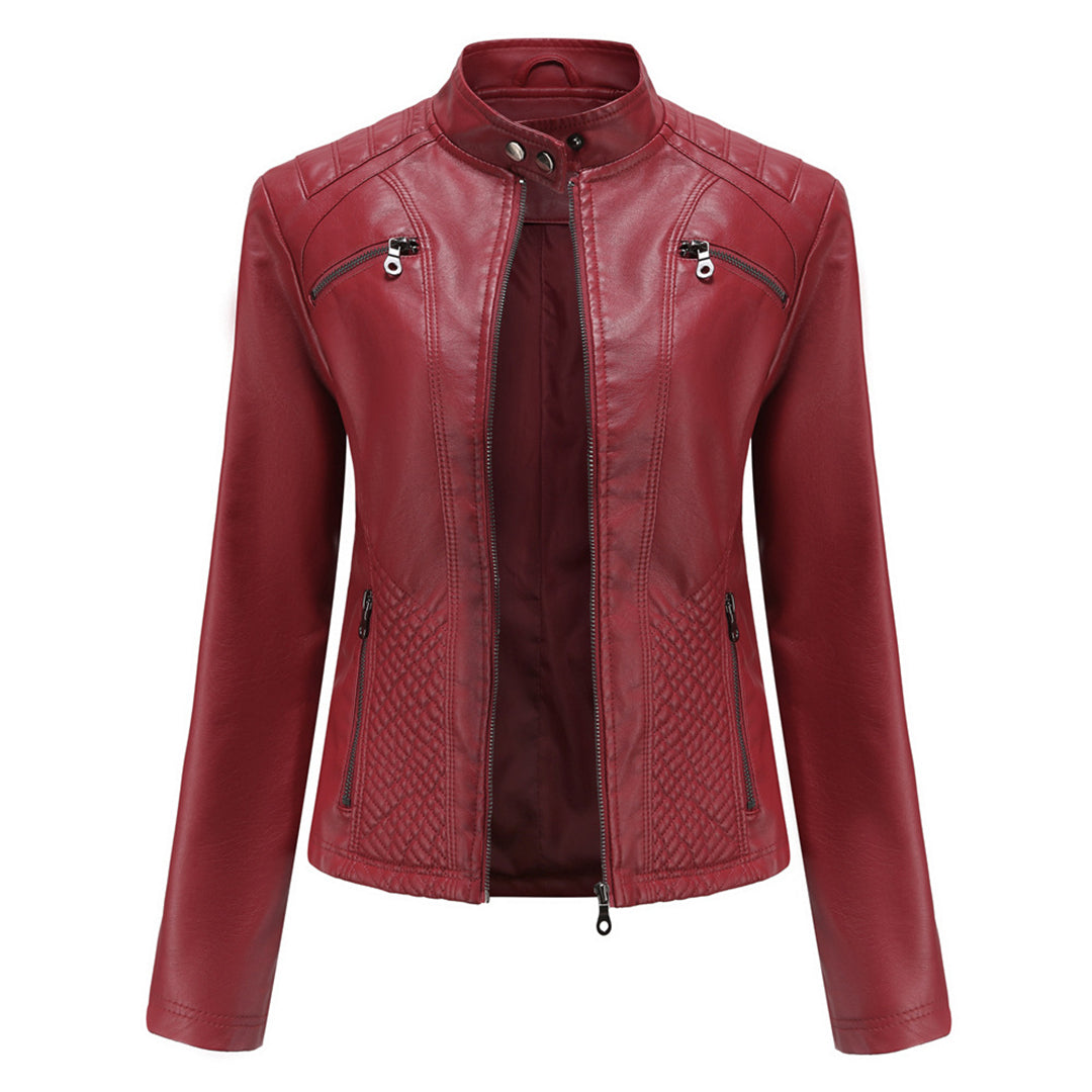 Women's  Biker Style Leather Jacket - with Ribbed Details