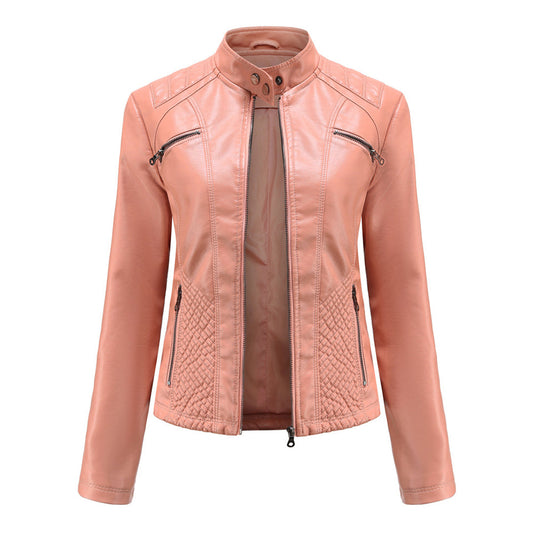 Women's  Biker Style Leather Jacket - with Ribbed Details